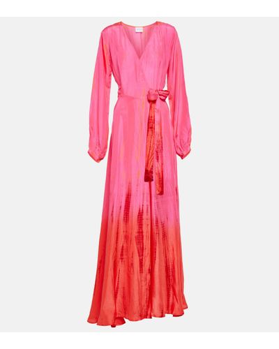 Anna Kosturova, Silk Long Sleeve Wrap Dress Fuchsia Orange