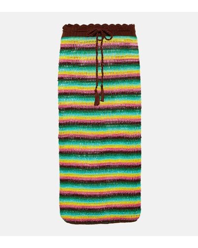 Anna Kosturova Striped Crochet Cotton Midi Skirt - Green