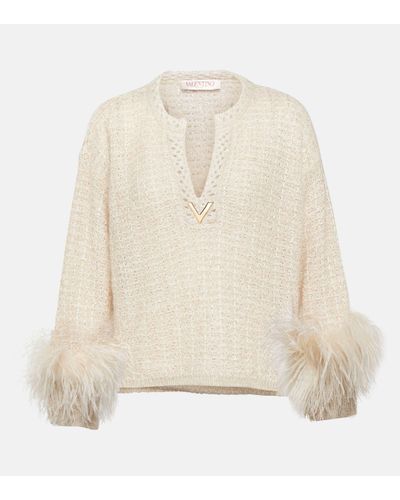 Valentino Vgold Feather-trimmed Lame Jumper - Natural