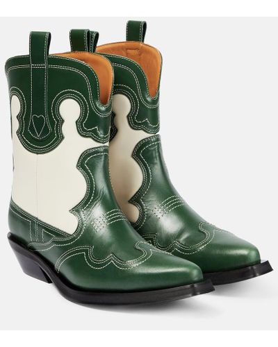 Ganni Embroidered Leather Cowboy Boots - Green