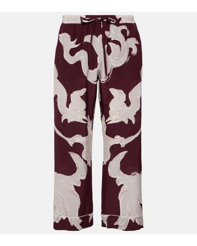 Valentino Pantalon ample imprime en crepe de soie - Rouge