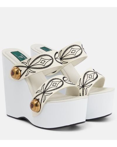 Emilio Pucci Embroidered Leather Wedge Sandals - White