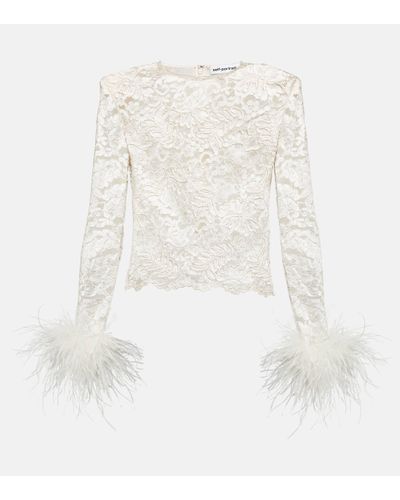 Self-Portrait Feather-trimmed Lace Top - White