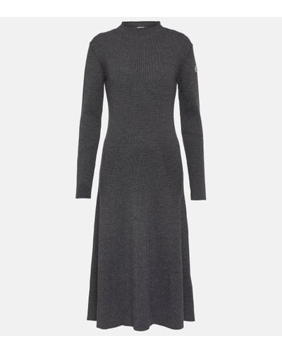 Moncler Ribbed-knit Wool Blend Midi Dress - Black