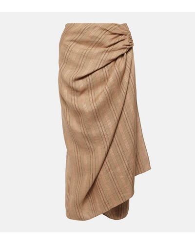 Loro Piana Leather-trimmed Draped Linen Midi Skirt - Natural