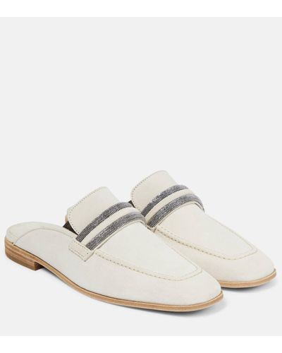 Brunello Cucinelli Embellished Suede Slippers - White