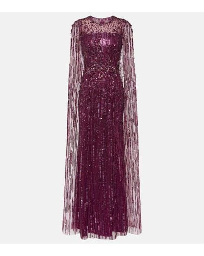 Jenny Packham Ruby Caped Sequined Gown - Purple