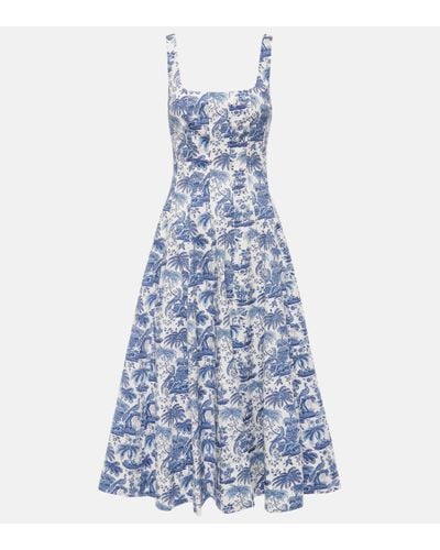 STAUD Wells Printed Cotton Poplin Midi Dress - Blue
