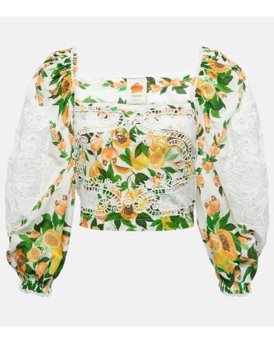 FARM Rio Lace-trimmed Printed Cotton Blouse - Green