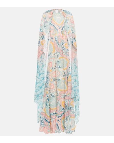 Etro Long Dress With Floral Print All-over With Drape Effect Shrug Multicolour In Silk Woman - White