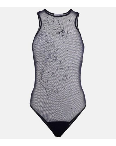 Jean Paul Gaultier Embellished Printed Mesh Bodysuit - Gray