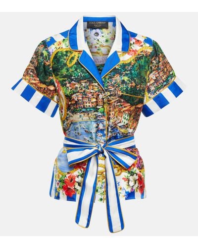 Dolce & Gabbana Portofino Printed Belted Silk Shirt - Blue