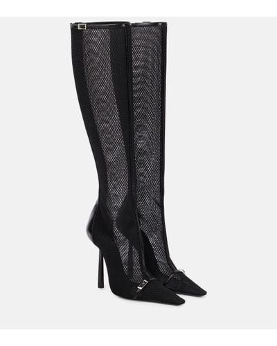 Saint Laurent Oxalis Buckle-embellished Leather-trimmed Mesh Knee Boots - Black