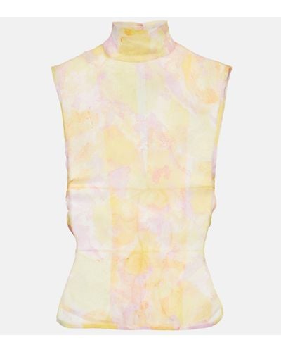 Dries Van Noten Printed Mockneck Silk Top - Yellow