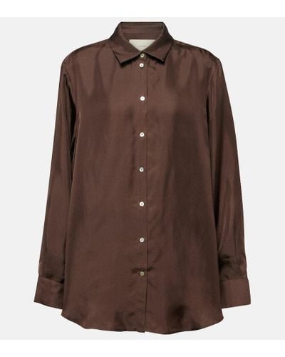 Asceno London Silk Twill Pajama Shirt - Brown