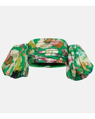 ALÉMAIS Alemais Arlo Floral Silk Puff-sleeve Crop Top - Green