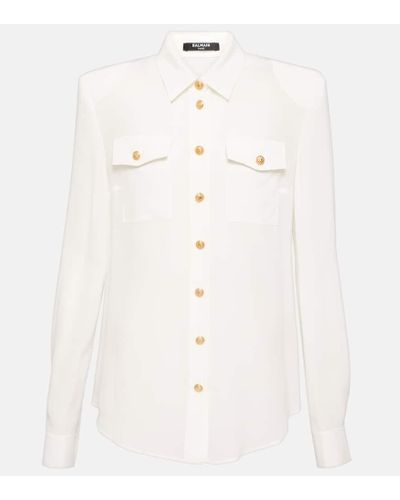 Balmain Crepe de Chine -Hemd mit gepolsterten Schultern - Weiß