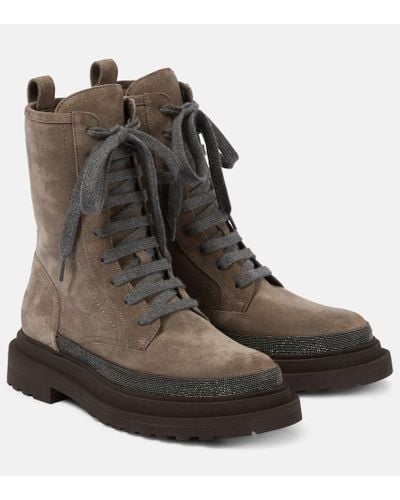 Brunello Cucinelli Monili-embellished Suede Combat Boots - Brown