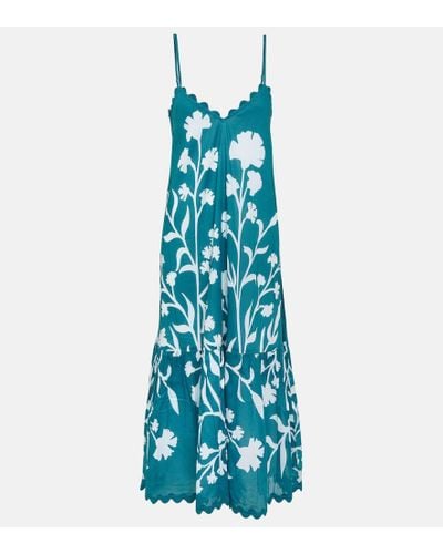 Juliet Dunn Floral Scalloped Cotton Maxi Dress - Blue