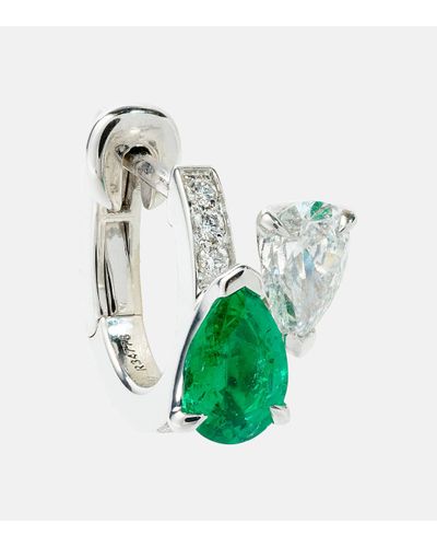 Repossi Serti Sur Vide 18kt White Gold Single Earring With Diamonds And Emerald - Green