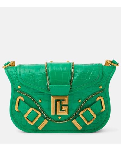 Balmain Blaze Croc-effect Leather Shoulder Bag - Green