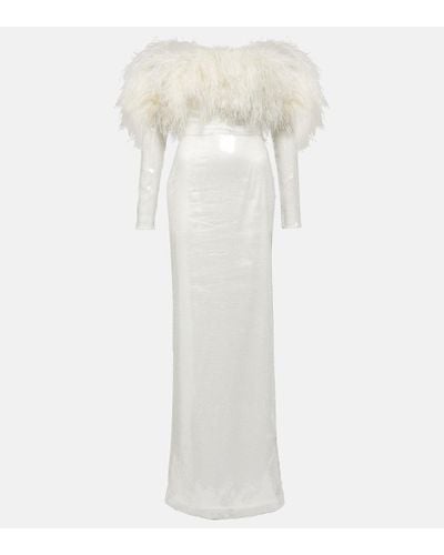 David Koma Off-shoulder Sequined Feather-trimmed Gown - White