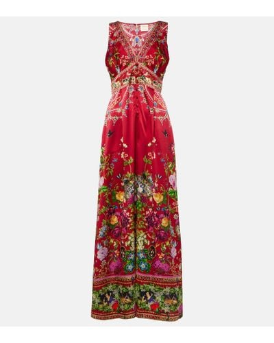 Camilla Printed Silk Jumpsuit - Red