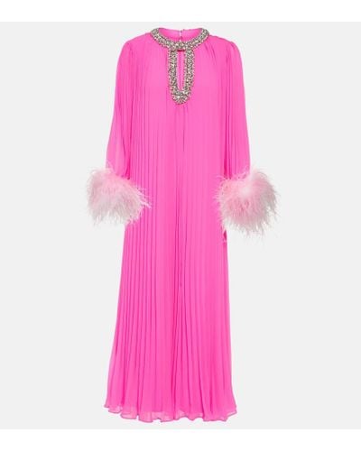 Self-Portrait Feather-trimmed Chiffon Midi Dress - Pink