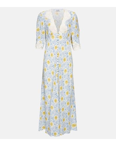 RIXO London Women's Simone Wavey Sun Ivory Dress 12 - Blue