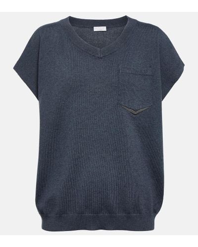 Brunello Cucinelli Embellished Cashmere Top - Blue