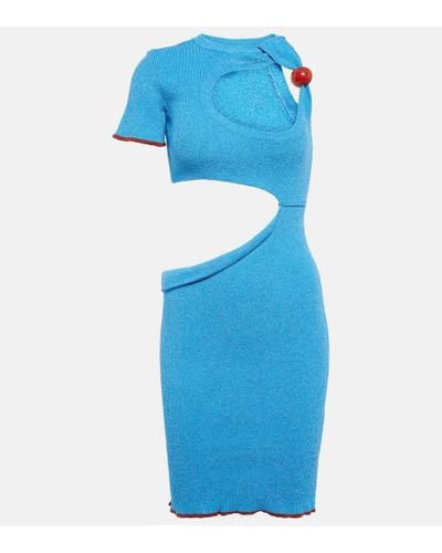 Jacquemus Mini abito 'la robe brilho' a coste con decorazione con perlina e cut-out in lurex azzurro - Blu