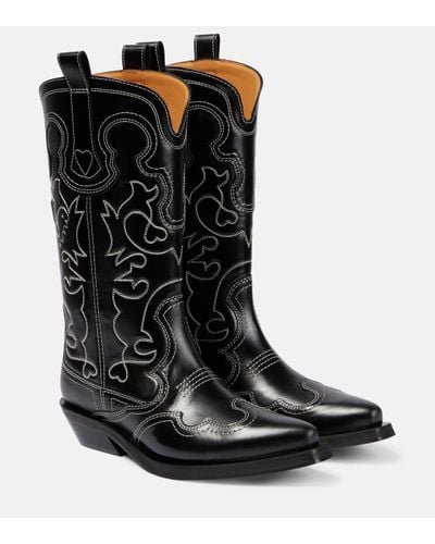Ganni Mid Shaft Embroidered Calf-length Leather Cowboy Boots - Black