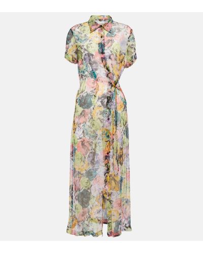 Dries Van Noten Floral Silk Shirt Dress - Metallic