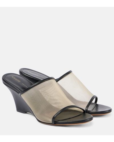 Khaite Marion Leather And Mesh Wedge Mules - Gray