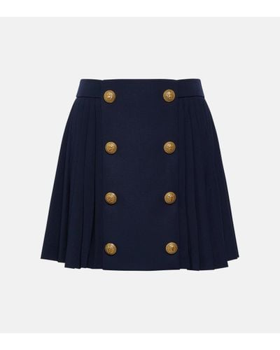 Balmain Pleated Virgin Wool Miniskirt - Blue