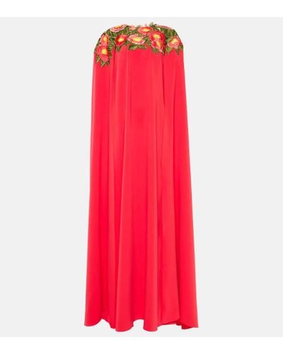 Oscar de la Renta Camellia Caped Floral Georgette Gown - Red