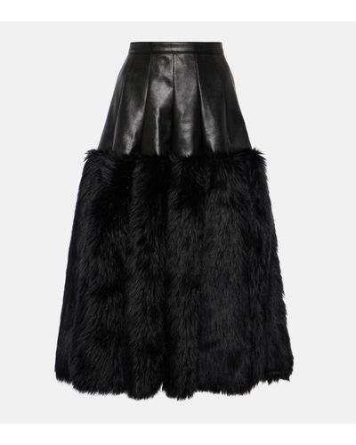 Junya Watanabe Faux Fur-trimmed Faux Leather Midi Skirt - Black