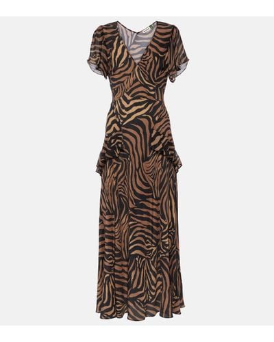 RIXO London Evie Printed Silk Midi Dress - Brown