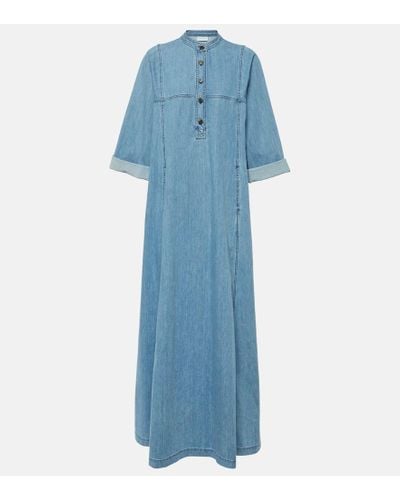 Dries Van Noten Pleated Denim Maxi Dress - Blue