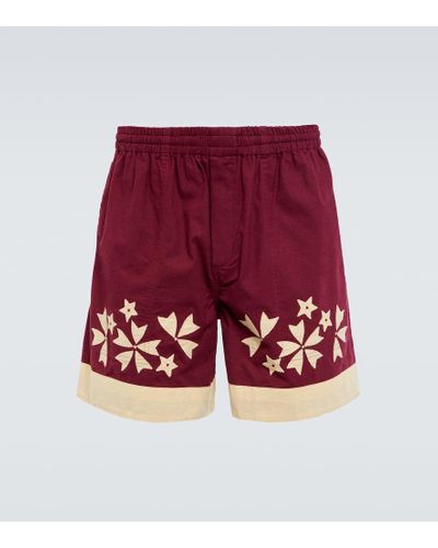 Bode Moonflower Applique Cotton Shorts - Red