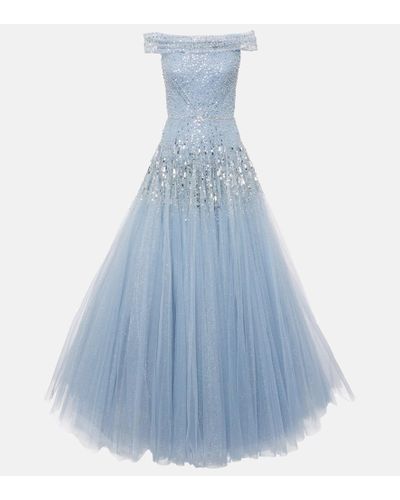 Jenny Packham Vestido de fiesta Sirena de tul adornado - Azul