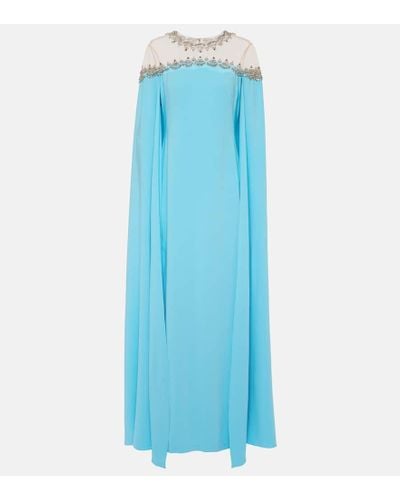 Oscar de la Renta Crystal-embellished Tulle-trimmed Stretch-silk Satin Gown - Blue