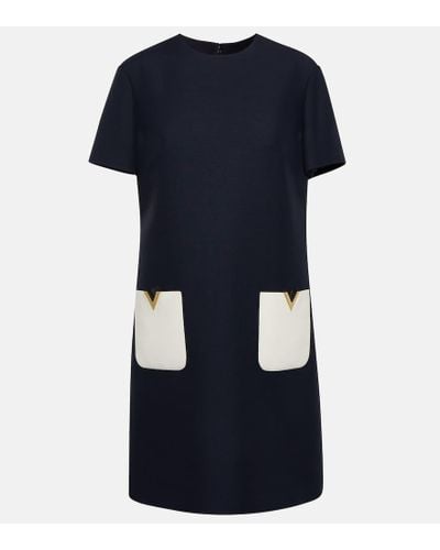 Valentino Patch-pocket Round-neck Wool And Silk-blend Mini Dress - Blue