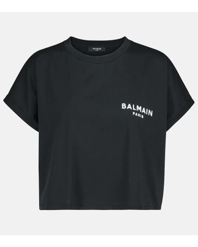 Balmain T-shirt cropped in cotone con logo - Nero
