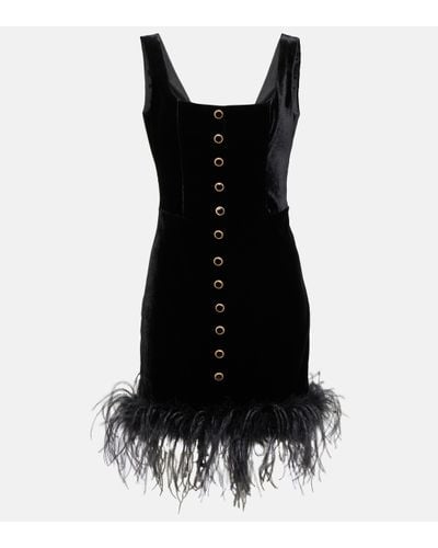 Alessandra Rich Velvet Mini Dress With Ostrich Feathers - Black