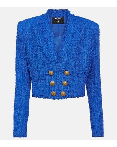 Balmain Cropped Tweed Blazer - Blue