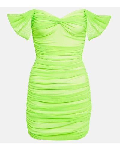 Norma Kamali Walter Off-the-shoulder Ruched Neon Stretch-mesh Mini Dress - Green