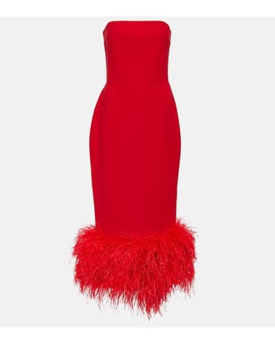 Rasario Feather-trimmed Strapless Crepe Midi Dress - Red