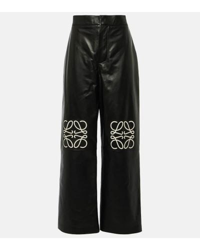Loewe Pantalones anchos de piel con anagrama - Negro