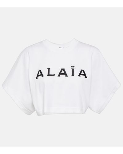 Alaïa T-shirt cropped in cotone con logo - Bianco